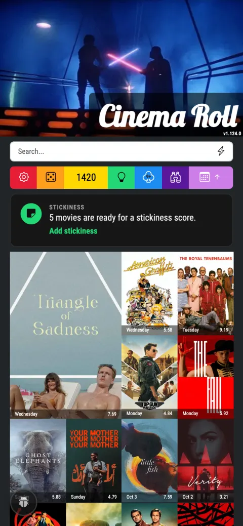 Cinema Roll's home screen: a grid of movie posters