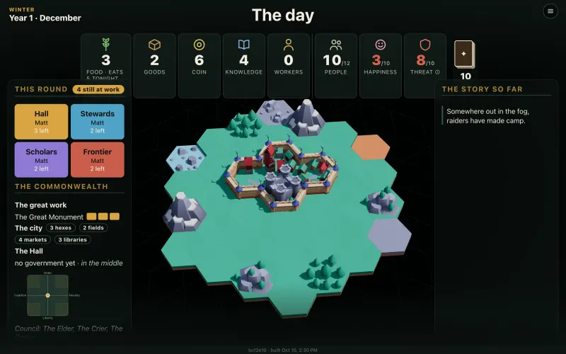 A Commonwealth game in progress: a walled city on a green hex island