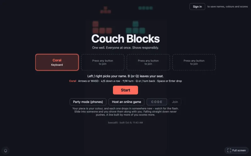 The Couch Blocks lobby with four player seats
